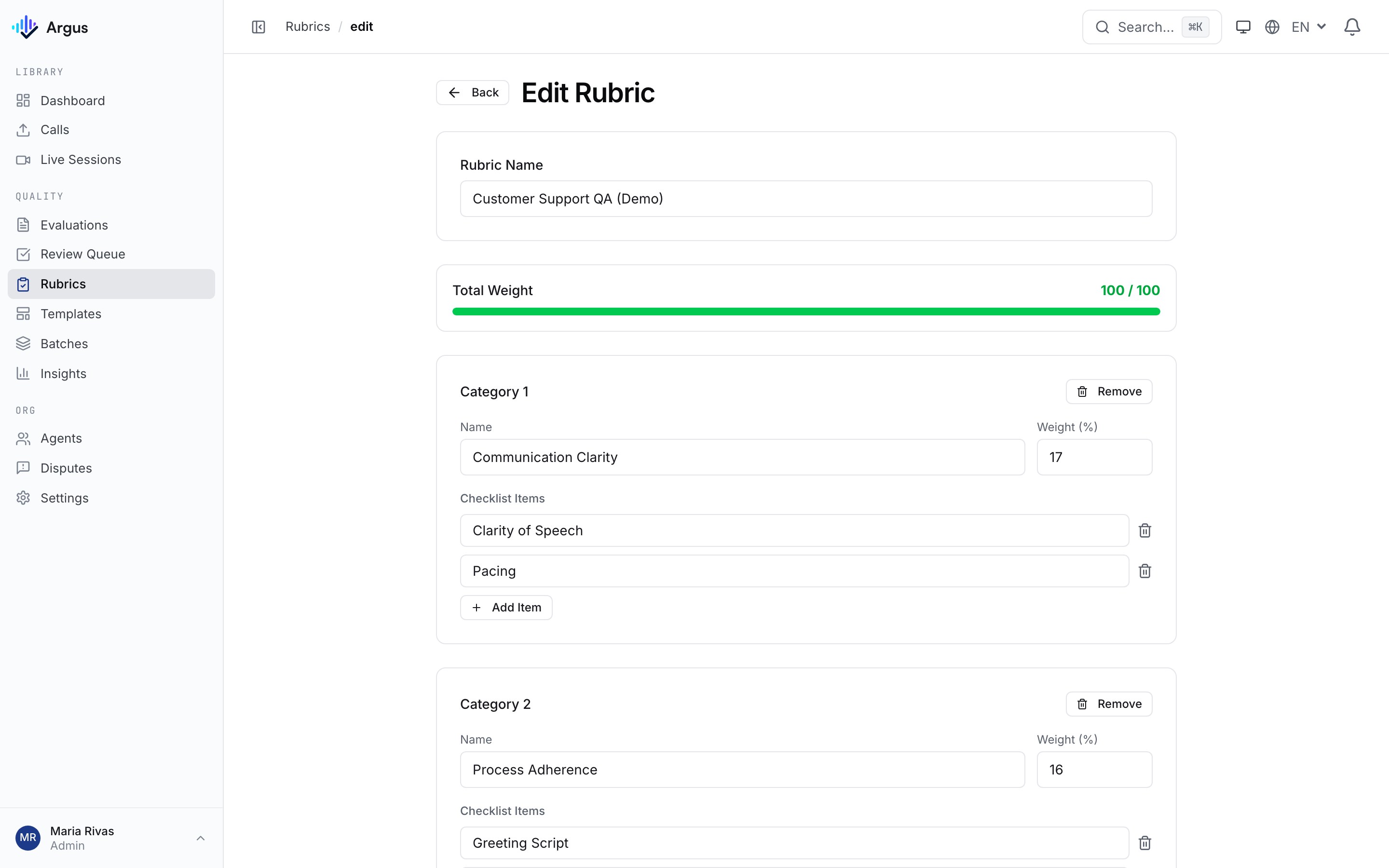Rubric editor showing a customer support QA rubric with named categories like Communication Clarity and Process Adherence, weighted to total 100%, each with its own checklist items.